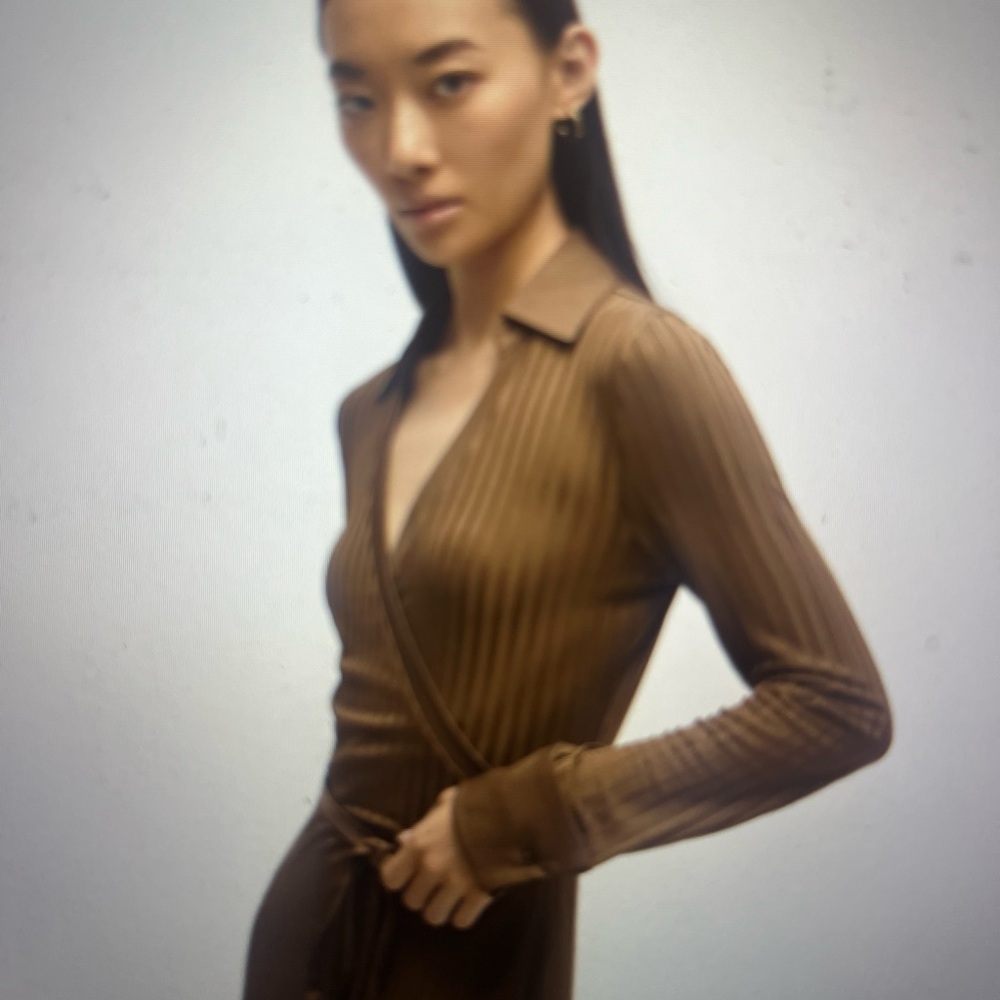 Hugo Boss Brown Ribbed V-Neck Sheath Dress